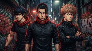 Et dramatisk gruppebaggrundsbillede af Mikey, Draken og Takemichi fra Tokyo Revengers i en mørk gyde. — Tokyo Revengers Wallpapers