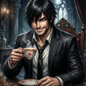 Alucard i jakkesæt drikker te, hverdagsanomali — Pixel Watch 3 Wallpapers