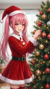 Animepige i elfdragt pynter juletræ