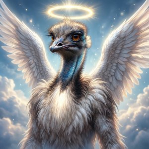 Emu Otori som engel med glorie og vinger, strålende mod skyer. — Pixel Watch 4 Wallpapers