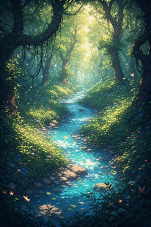 anime,flod,skov,vild,grøn,livlig,rolig,slyngplanter,sollys,fugle,sommerfugle,natur,landskab,4K — iPhone 4 Wallpapers