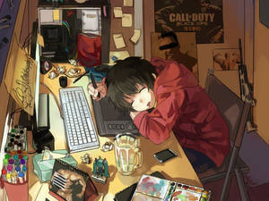 Anime-fyr sover ved laptopens touchpad