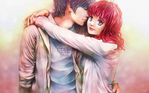 Anime krammer dreng og pige med jakke wallpaper