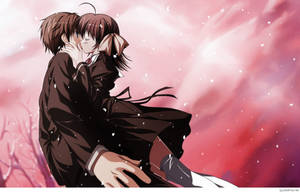 Anime-par omfavner rød himmel — Anime par GIF Wallpapers