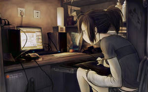 Anime-pige forvirret foran bærbar computer
