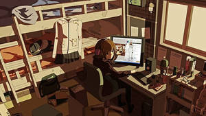 Anime-pigens laptop-arbejdsstation oplyst af skygger