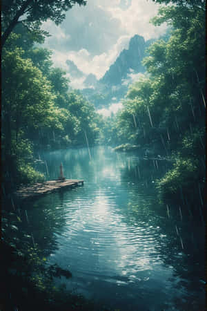 anime,sø,regn,skov,grøn,tåge,bjerge,brygge,fredfyldt,melankolsk,natur,landskab,4K — iPhone 4 Wallpapers