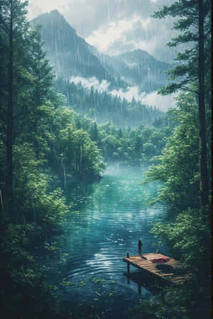 anime,sø,regn,skov,grøn,tåge,bjerge,brygge,fredelig,melankolsk,natur,landskab,4K — iPhone 4 Wallpapers