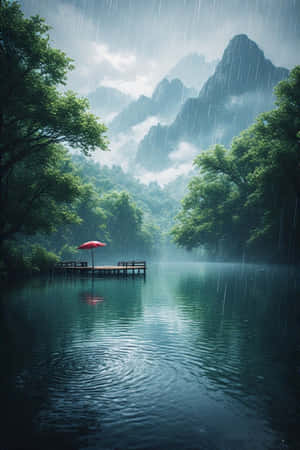 anime,sø,regn,skov,grøn,tåge,bjerge,brygge,fredelig,melankolsk,natur,landskab,4K — iPhone 4 Wallpapers
