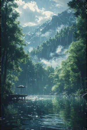 anime,sø,regn,skov,grøn,tåge,bjerge,brygge,fredelig,melankolsk,natur,landskab,4K — iPhone 4 Wallpapers