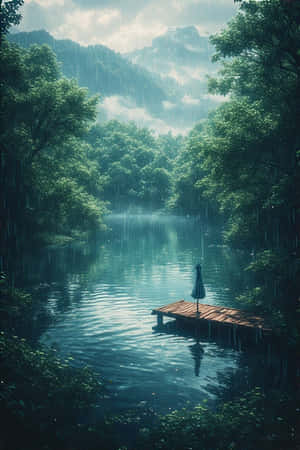 anime,sø,regn,skov,grøn,tåge,bjerge,brygge,fredelig,melankolsk,natur,landskab,4K — iPhone 4 Wallpapers