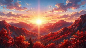 Anime-inspireret levende rødt bjerglandskab med solnedgang