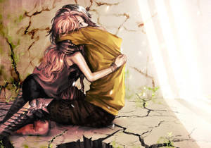 Animepar omfavner med lyserødt hår — Anime par GIF Wallpapers
