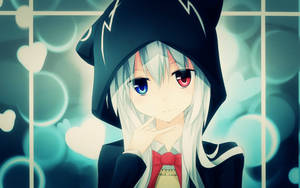 Baggrundsbillede med animepige med røde og blå øjne i hoodie — Sød animepige Wallpapers