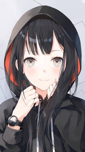 Baggrundsbillede med animepige i sort hættetrøje — Pige med hættetrøje anime Wallpapers