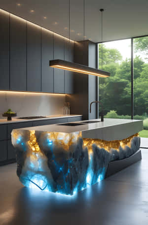 Moderne køkken, luksuriøs indretning, bagbelyst sten, køkkenø, moderne design, natursten, ravkvartsit, pendelbelysning, minimalistisk køkken, mørke skabe, indretning, arkitektonisk design, eksklusivt køkken, stenbordplade, moderne belysning, skovudsigt, slankt design, premium materialer, specialbygget køkken, sofistikeret indretning — Vivo Pad SE Wallpapers