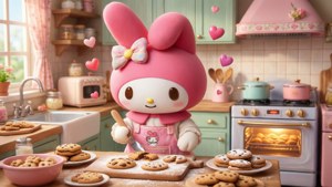 My Melody bager lækre småkager, en kawaii-baggrund fyldt med sødme.