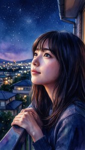 Rikako på en balkon og kigger på stjerner — Havbølger Wallpapers