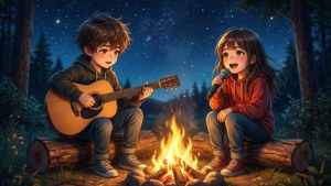 Anime-børn synger og spiller guitar omkring et bål under stjernerne. — Anime børn Wallpapers