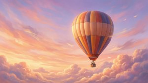 Varmluftsballon svæver på en pastelfarvet solnedgangshimmel med skyer nedenunder. — Himmeludsigt Wallpapers