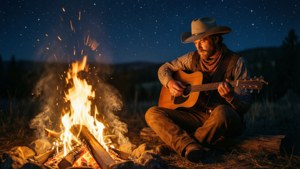 En cowboy, der spiller guitar ved et bål under stjernerne. — ROG Ally Wallpapers