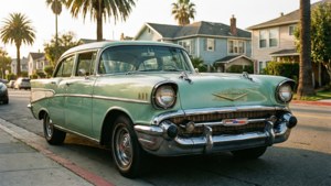 En klassisk mintgrøn Chevy Bel Air i et solrigt retrokvarter