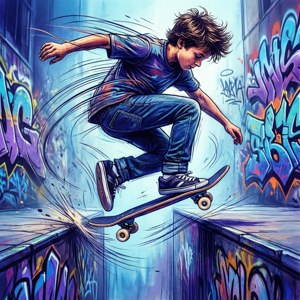En kunstnerisk illustration af en skaterdreng i luften med levende farver.
