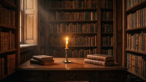 En hyggelig dark academia-biblioteksscene med stearinlys og gamle bøger.
