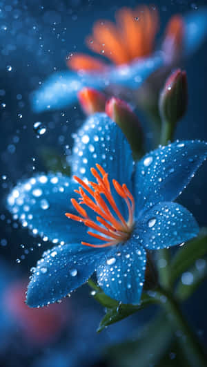 blå, blomst, kronblade, orange, støvdragere, dråber, blomstring, levende, natur, nærbillede