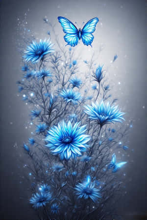 blå blomster, glødende sommerfugle, vektorkunst, smuk, tapet, natur, magisk baggrund — iPhone 4 Wallpapers