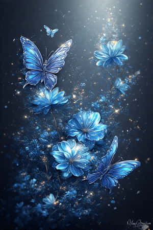 blå blomster, glødende sommerfugle, vektorkunst, smuk, natur, magisk, tapet — iPhone 4 Wallpapers