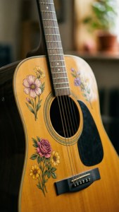 Nærbillede af akustisk guitar med blomsterdekorationer.