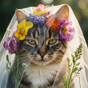 Katteansigt bag et slør af farverige blomster — Galaxy Watch Wallpapers