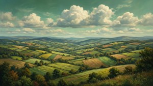 Panoramisk landskab med bølgende bakker og lappede marker under en grøn himmel. — Grøn himmel Wallpapers