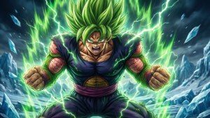 Et dramatisk billede af Broly i hans legendariske Super Saiyan-form, der udstråler kraft midt i is og ødelæggelse. — Dragon ball super broly Wallpapers