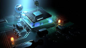 Robot der holder mikrochip i computerbundkort tapet