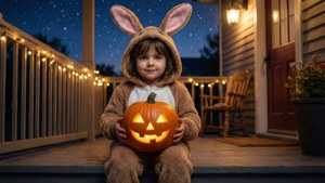 Sødt barn i kaninpyjamas med et græskar, hyggeligt Halloween-baggrundsbillede. — Sød Halloween Wallpapers