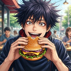 Itadori nyder en burger med et stort smil. — Huawei nova Flip Wallpapers