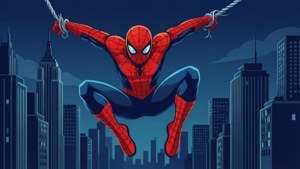 Flad vektor af Spiderman, der svinger mellem bygninger i byen — Edderkoppenmand Wallpapers