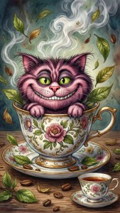 Legesyg akvarel af Cheshire-katten, der kigger op fra en tekop.