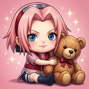 Sød chibi Sakura med sin store teddybjørn som følgesvend. — Tecno Phantom V Flip Wallpapers