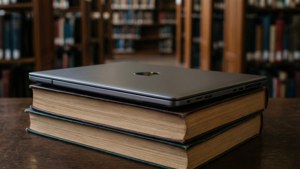 En Chromebook hvilende på bøger i et bibliotek, perfekt til studietemaer.