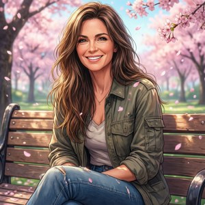 Maria Ross nyder en fredelig dag i parken, smilende i afslappet tøj. — Pixel Watch 4 Wallpapers