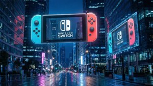 Cyberpunk bybaggrund med holografiske Nintendo Switch-reklamer — Nintendo switch GIF Wallpapers