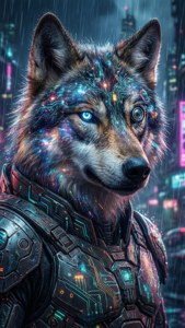 En kybernetisk galakseulv med lysende kredsløb strejfer rundt i en neon-cyberpunkby. — iPhone Se Wallpapers