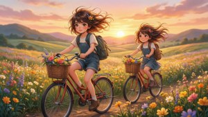 Anime-børn cykler gennem et farverigt blomsterfelt ved solnedgang — Anime børn Wallpapers