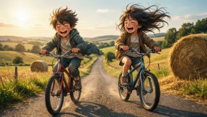 Anime-børn cykler ned ad en bakke på landet i den gyldne time. — Anime børn Wallpapers