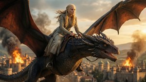 Daenerys Targaryen flyver Drogon over det brændende King's Landing