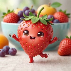 Sjovt kawaii jordbær, der danser med frugtvenner. — Kawaii Wallpapers
