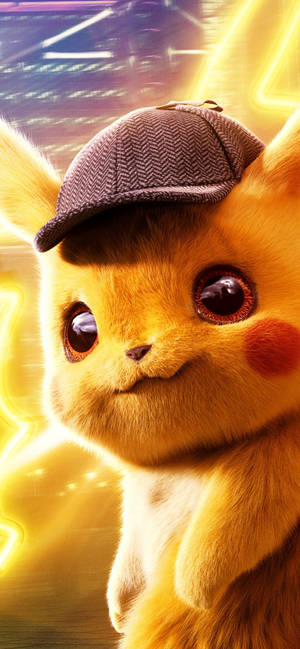 Detective Pikachu med gule neonlys baggrundsbillede — iPhone 12 Wallpapers